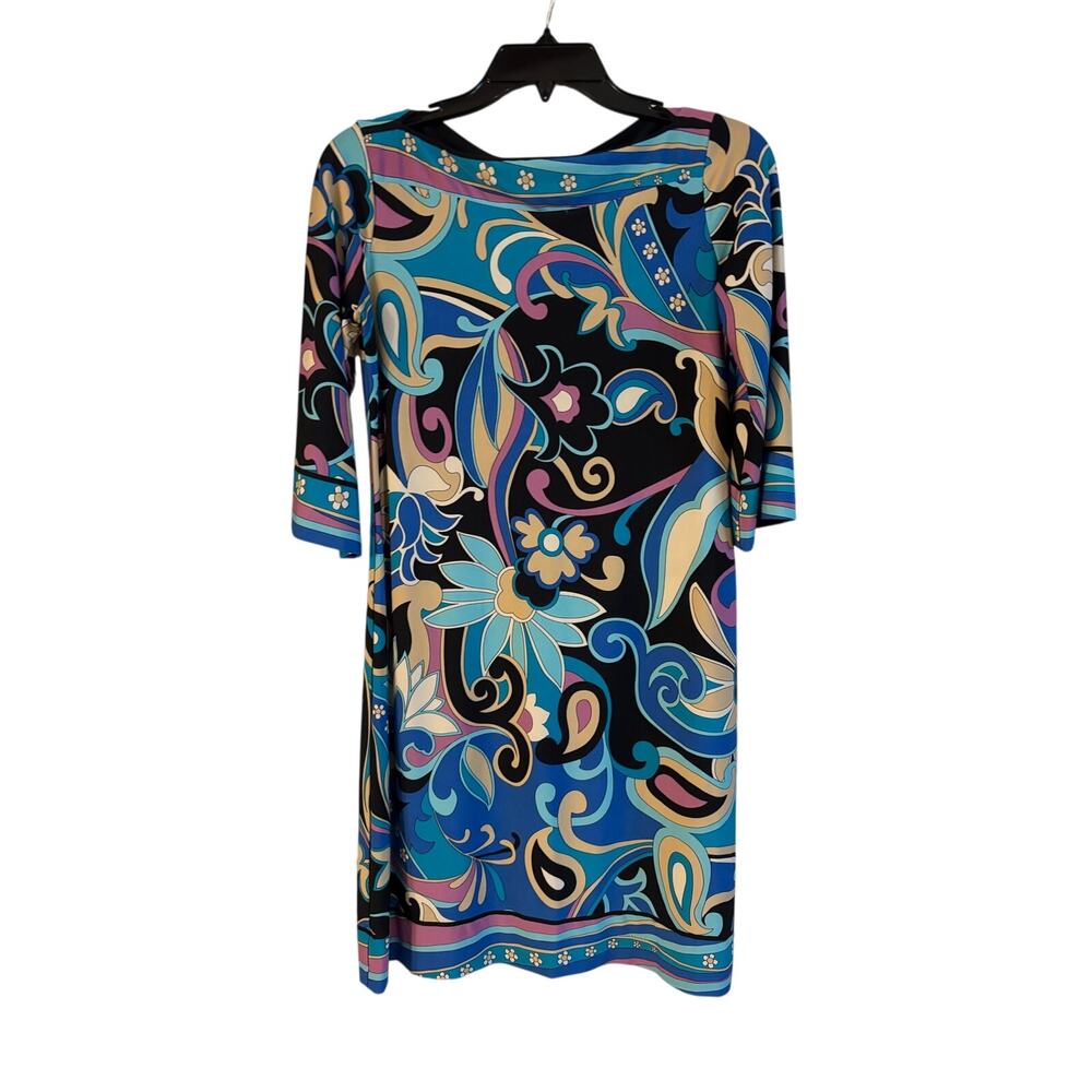 Cache Women’s 3/4 Sleeve Mini Dress Floral Abstract Party Event Size 6 Blue